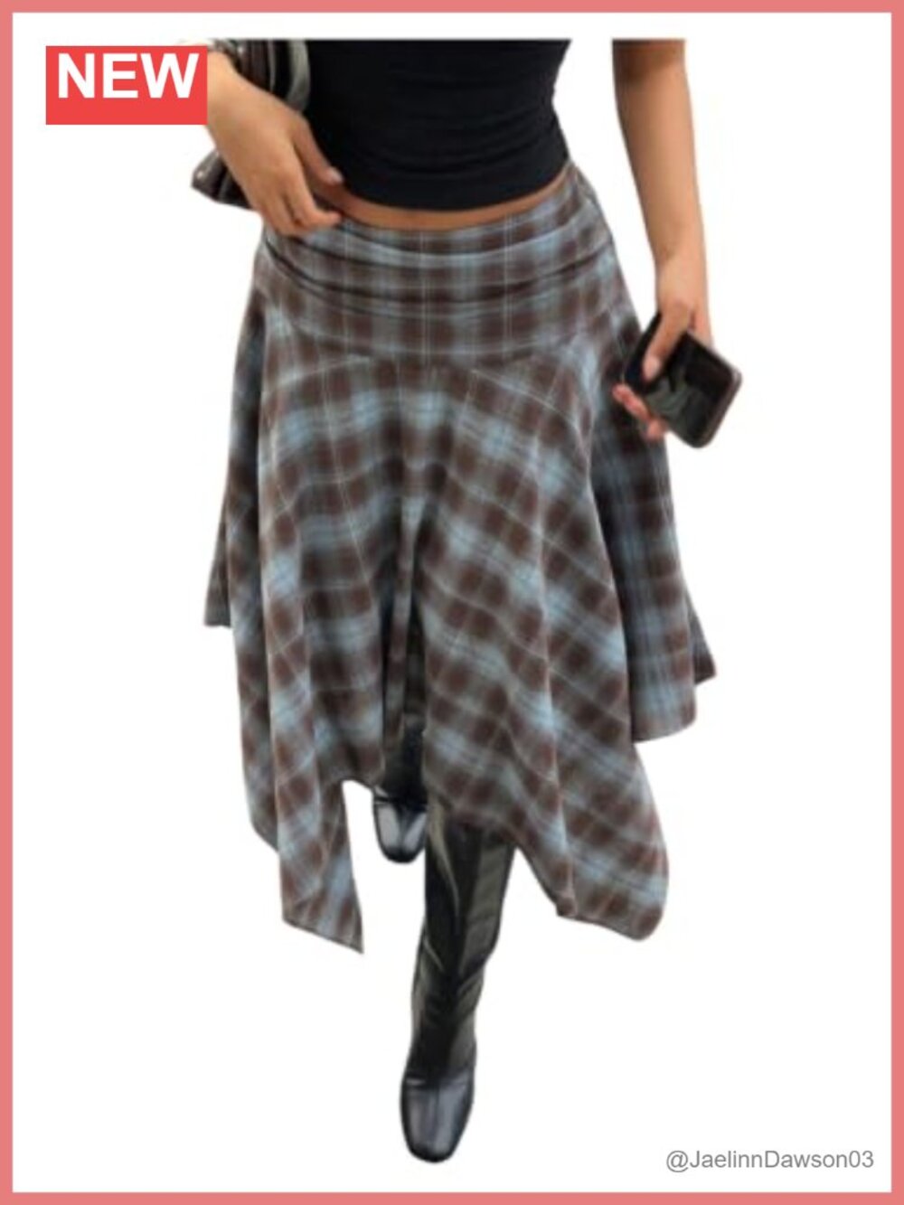 Plaid Midi Skirt High Waisted Asymmetrical Hem A-Line Polyester Blend